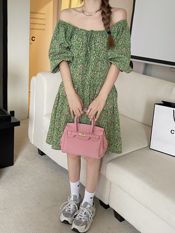 [yj.simple] Korean floral Lantern Sleeve Dress y-3045# ozq