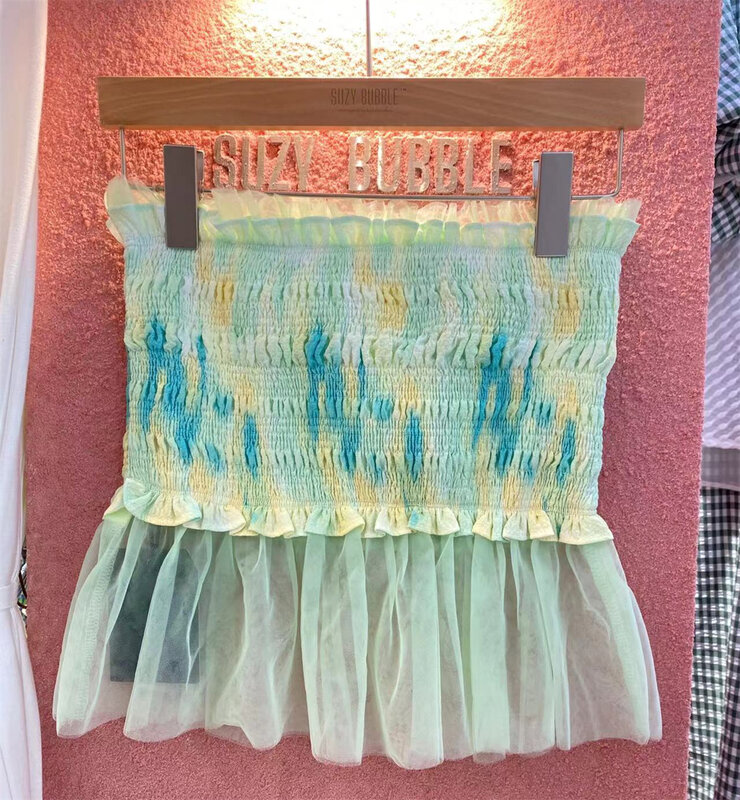 [suzybubble] French retro Strapless stitched mesh shirt ys1-293# WPL