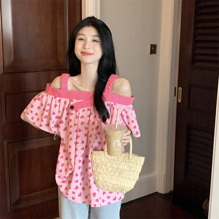 [dolly] design sense off shoulder love splicing sling off shoulder Han shirt 3058# PCZ