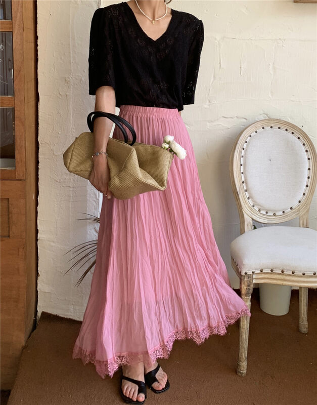 [KH] elastic waist lace mid length skirt q231# zxx