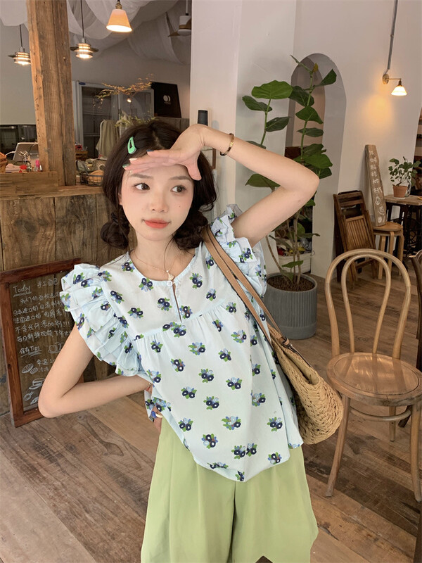 [dolly] sweet girl wears a small fresh Feifei sleeve floral shirt 3224 \pcz on both sides