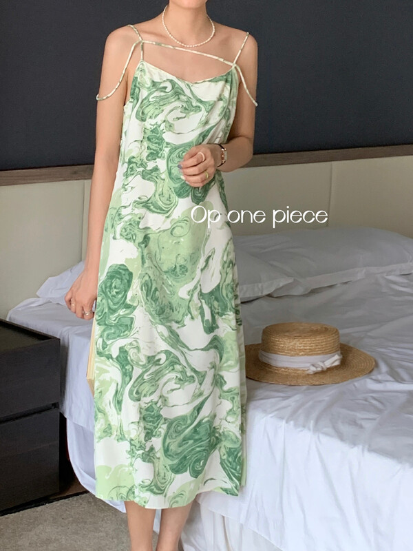 [OP one piece] Korean ink splashing print Vintage suspender dress 3177# hjy