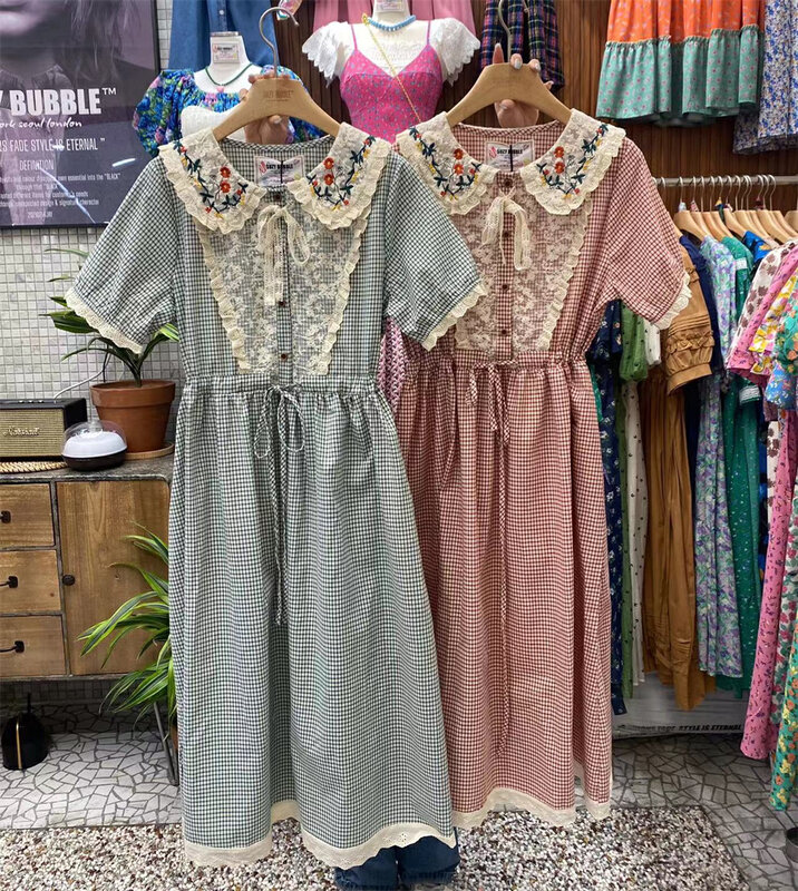 [suzybubble] French retro doll neck embroidered Plaid Dress 6704# WPL