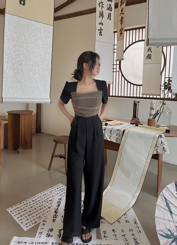 [the fan] classic retro Polka Dot mesh stitched Jumpsuit 516901# PCZ