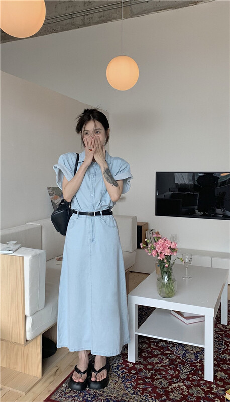 [dolly] versatile design, loose short sleeve washed denim shirt + loose slim skirt set 9373# PCZ