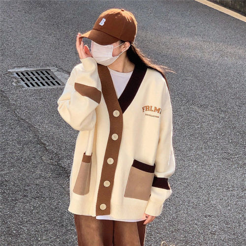Japanese college style color matching V-neck embroidered sweater cardigan jacket female students autumn new Korean sweater trend
