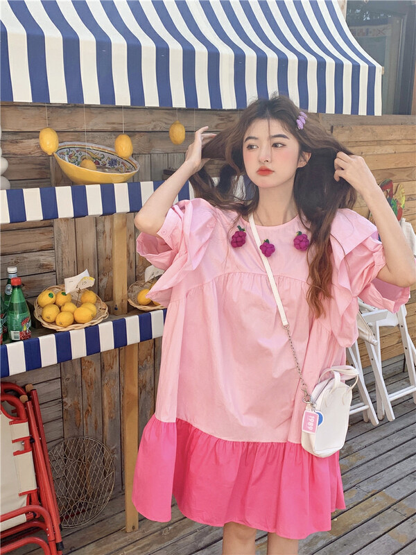 [dolly] Korean sweet design sense stitching fungus edge three-dimensional grape loose round neck dress 6900# PCZ