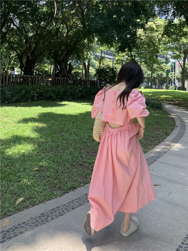 [dolly] girlfriends' same style square neck bubble sleeve back hollow waist dress 8670# PCZ