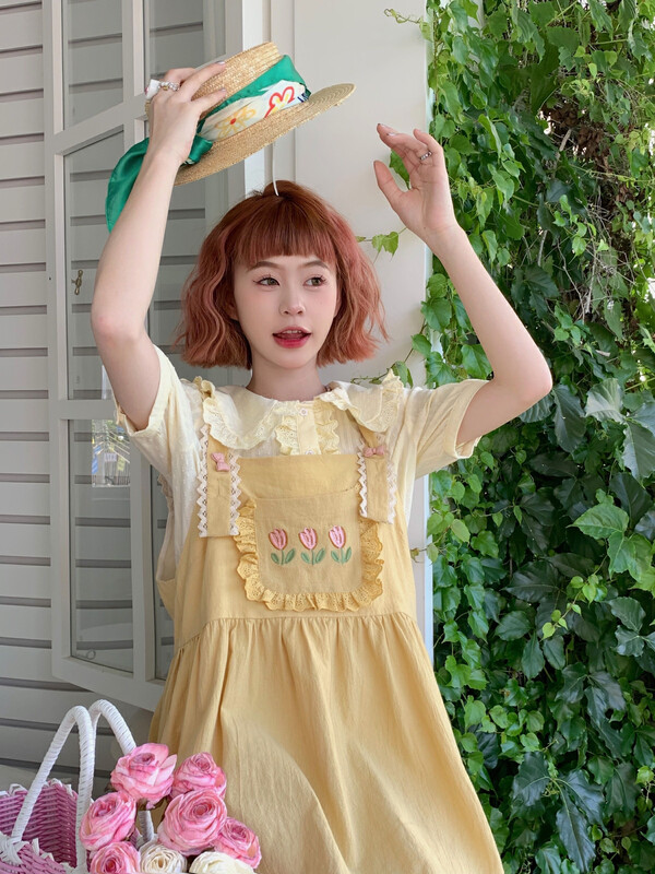 [dolly] flower embroidery lace strap skirt + sweet baby collar short sleeved shirt set 1121# PCZ