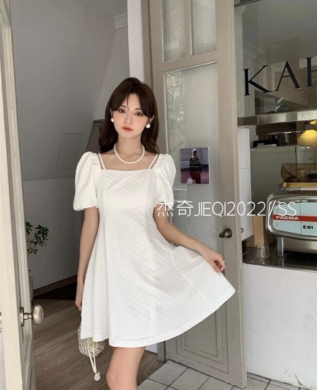 [Jieqi] gentle style square neck bubble sleeve Jacquard Dress 88611# zxx