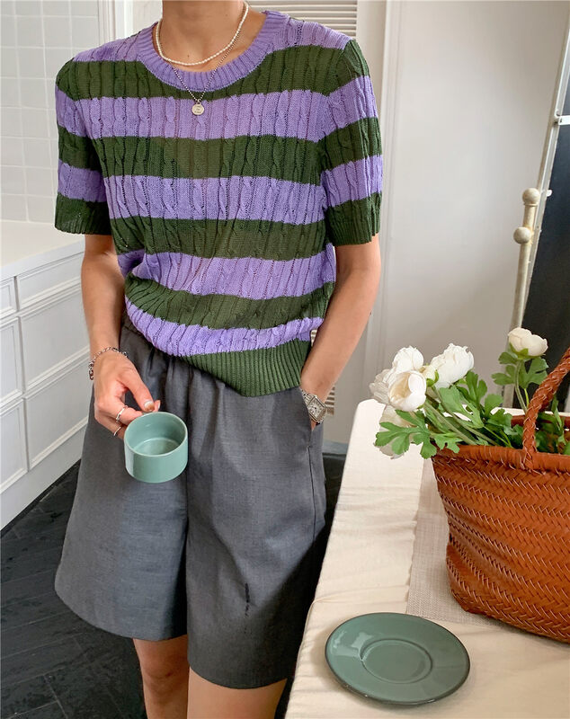 [KH] Korean color contrast stripe short sleeved sweater my101# zxx