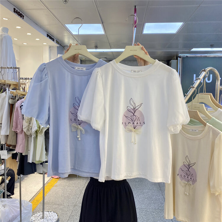 [purpler] small fresh bubble sleeve heavy industry short sleeve T-shirt 0984# hjy