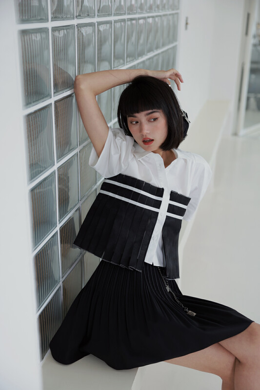 Original price 218.99! [GL] minimalist cool stitched Top + slim Skirt Set (with belt) c5038\jhy