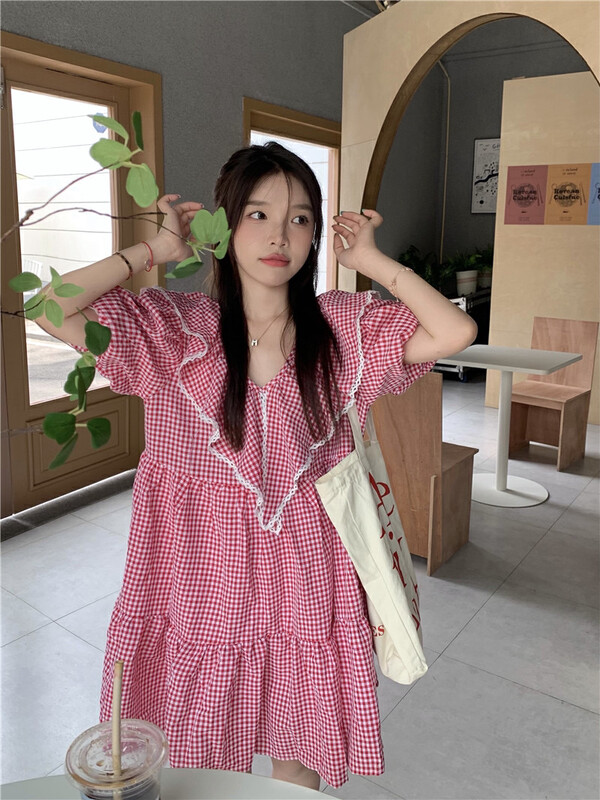[dolly] V-neck lace Plaid lady dress 2112# PCZ