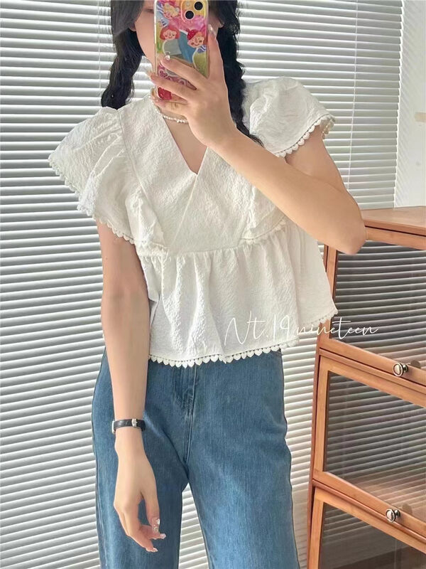 [suzybubble] gentle V-neck fly sleeve shirt 5111# WPL