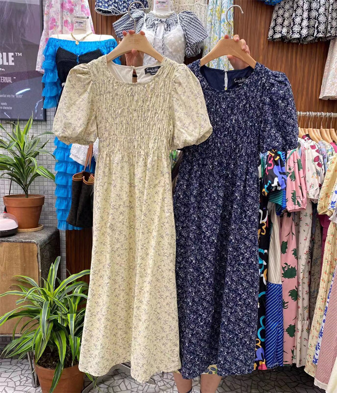 [suzybubble] small fresh floral round neck bubble sleeve waist dress ys1-858# WPL