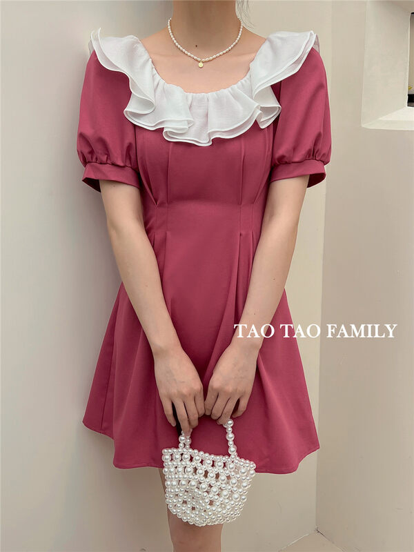 [Taotao family] lotus leaf collar contrast color waist girlish dress 3672# hyy