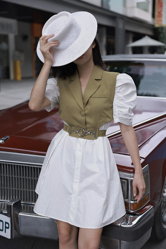 [GL] temperament stitched suit vest dress (with waist rope) c5023# jhy