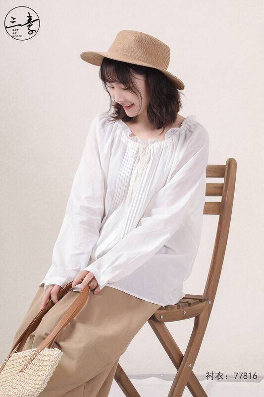 [original three element clothes] simple literature and art toothpick pleated shirt sunscreen shirt 77816