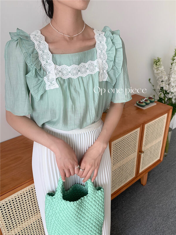 [OP one piece] Korean style square neck Ruffle shirt 6998# hjy