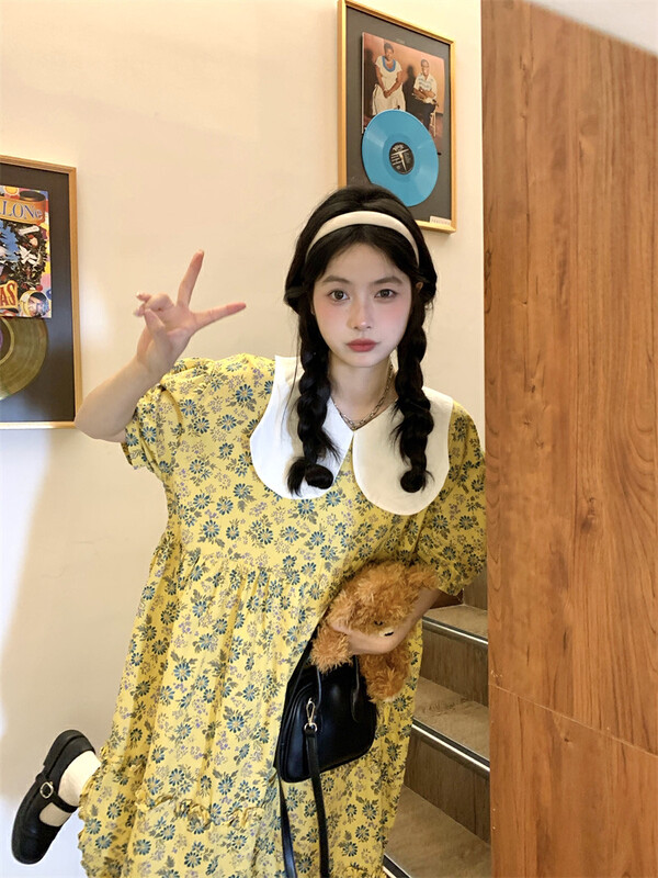 [dolly] Korean doll neck wood ear loose aging small fresh floral dress 6670# PCZ