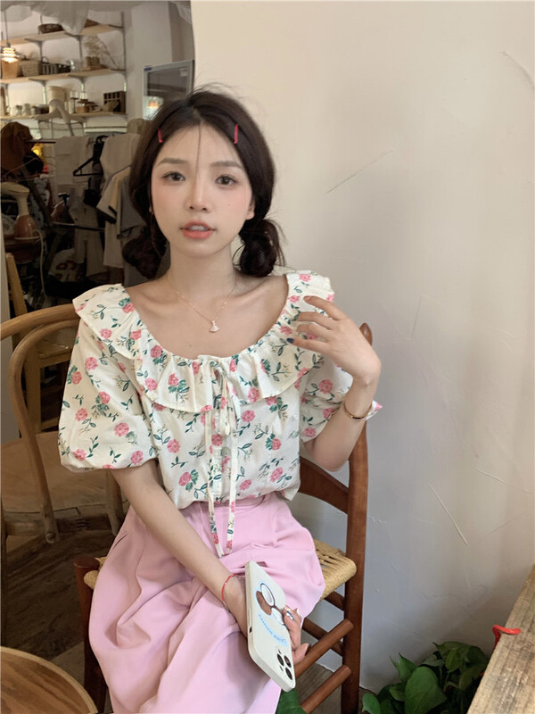 [dolly] small fresh retro sweet simple floral short shirt 2134# PCZ