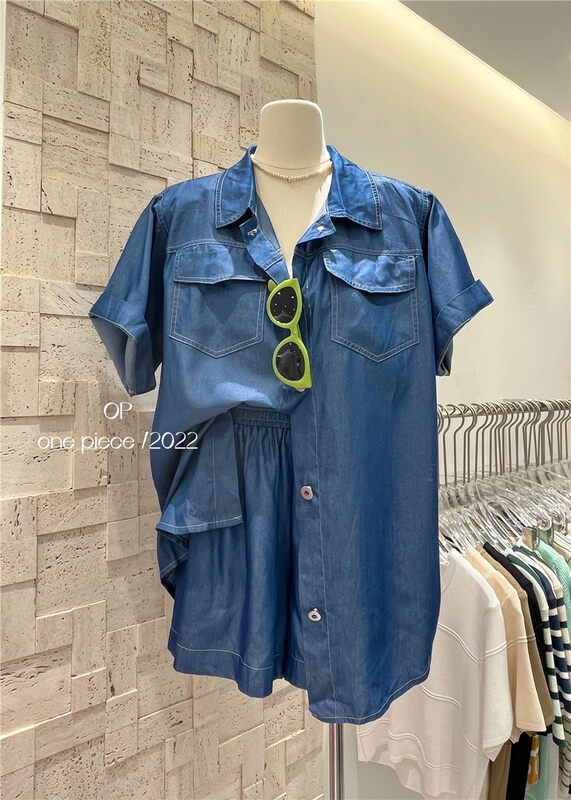 [OP one piece] temperament Korean cowboy short sleeved shirt + casual Shorts Set 3235# hjy