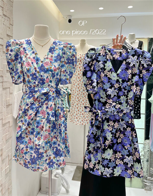 [OP one piece] Han Shu printed V-neck dress (with belt) 3238# hjy