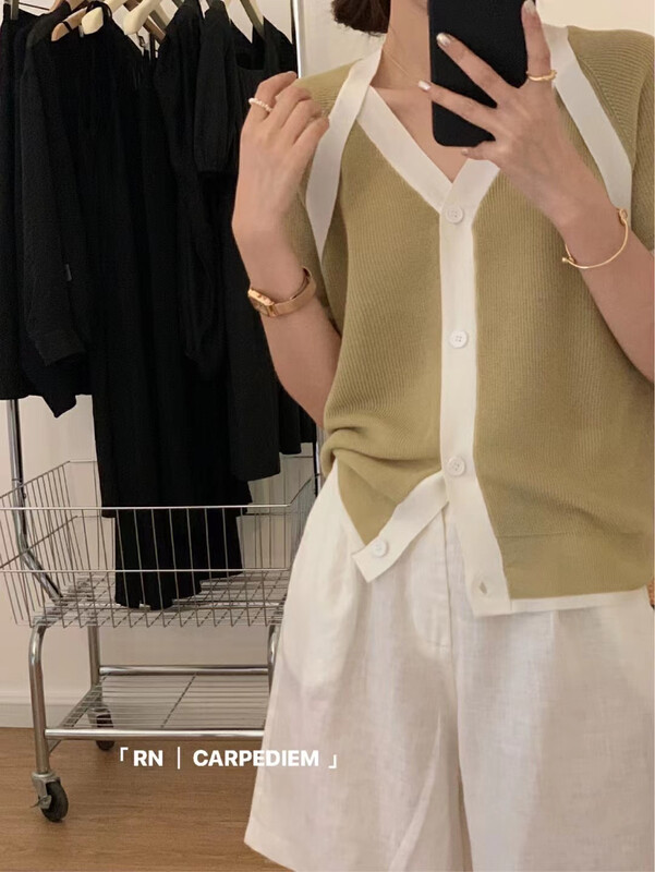 [R n] Korean color blocking design short sleeved sweater 81389# ll