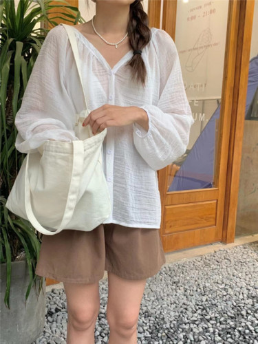 Real shooting autumn sweet and gentle V-neck button fashion loose Lantern Sleeve Tencel Shirt Top Women