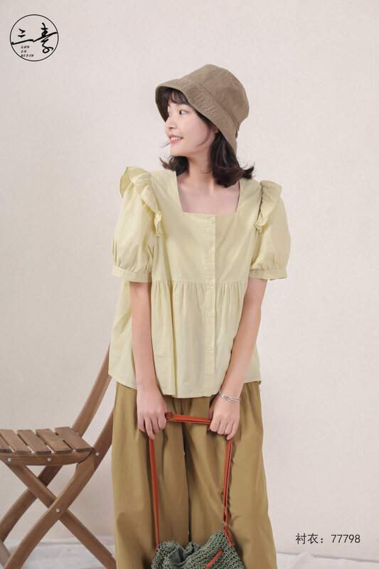 [original of three plain clothes] literary and artistic retro versatile Ruffle shirt 77798