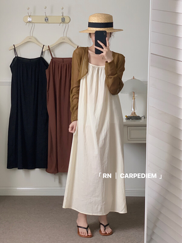 [RN] Korean fashion light mature age reduced hollow out knitted sunscreen shirt + suspender dress set 81591 \ll