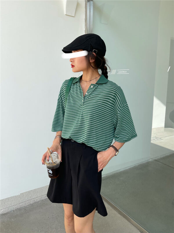 [KH] Polo neck stripe loose and versatile short sleeve T-shirt at229# zxx