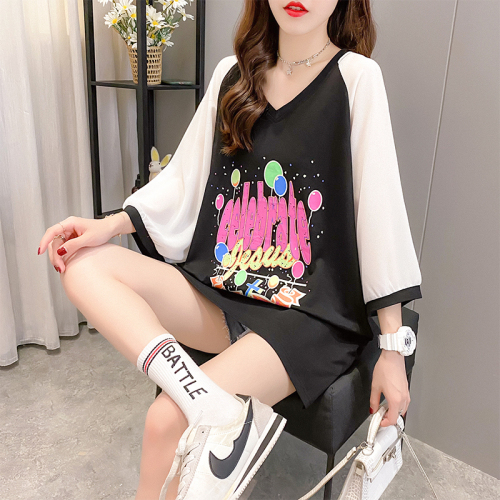 Real shooting summer clothes Korean cotton loose Chiffon stitching V-neck medium and long size women's short sleeve T-shirt women