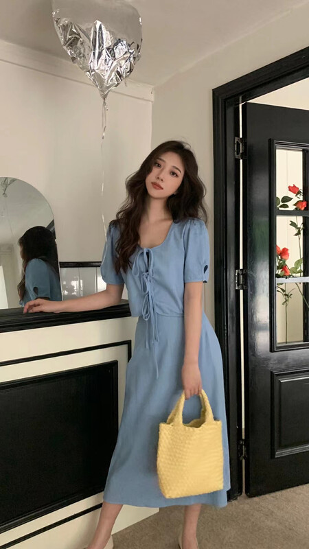 [OP one piece] Korean version lady cowboy V-neck bandage blouse + simple A-line skirt set 60212\hjy