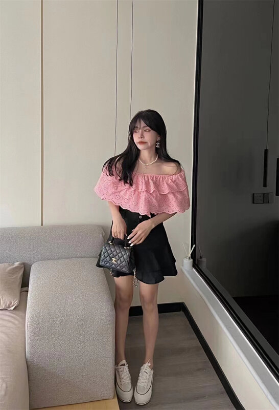 [FC] lace stitched flounce off shoulder blouse 1186# PCZ