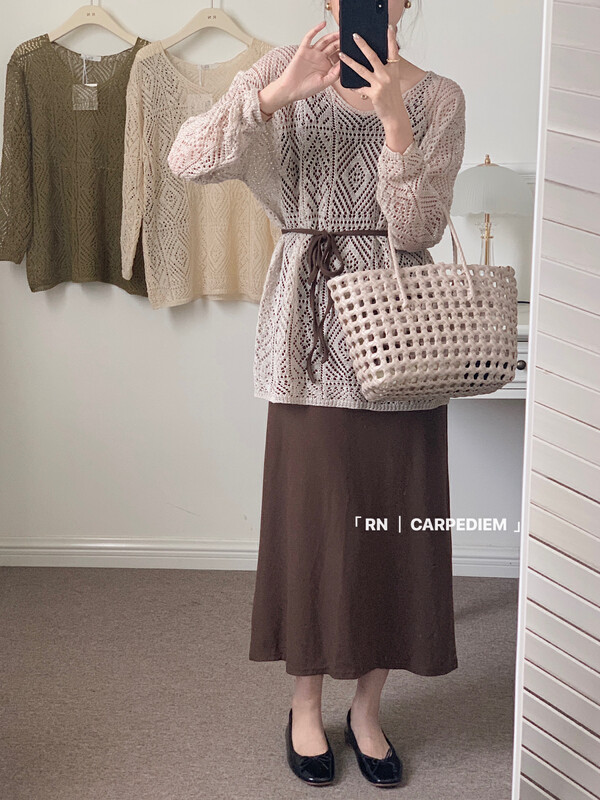 [R n] round neck hollowed out sweater + medium length dress two-piece suit (with waist rope) 81632# ll