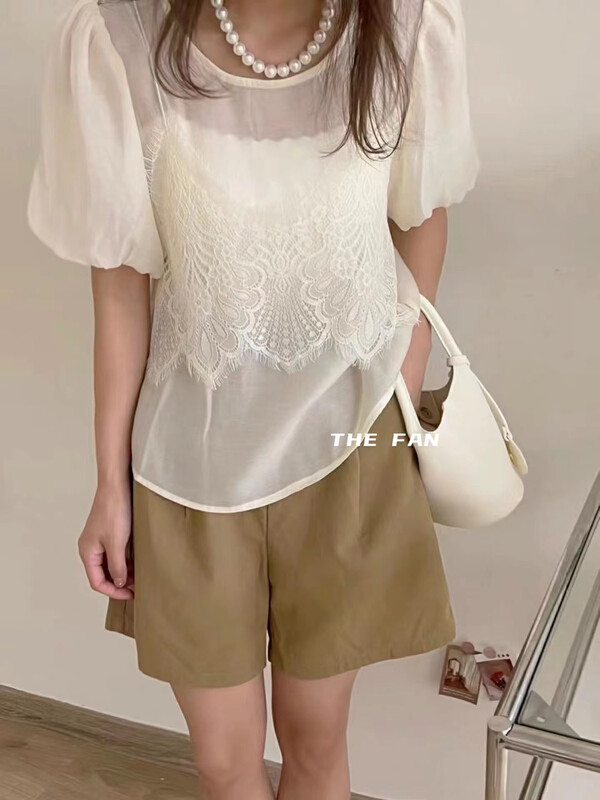 [the fan] Tencel bubble sleeve fake two pieces of versatile blouse 506195# PCZ