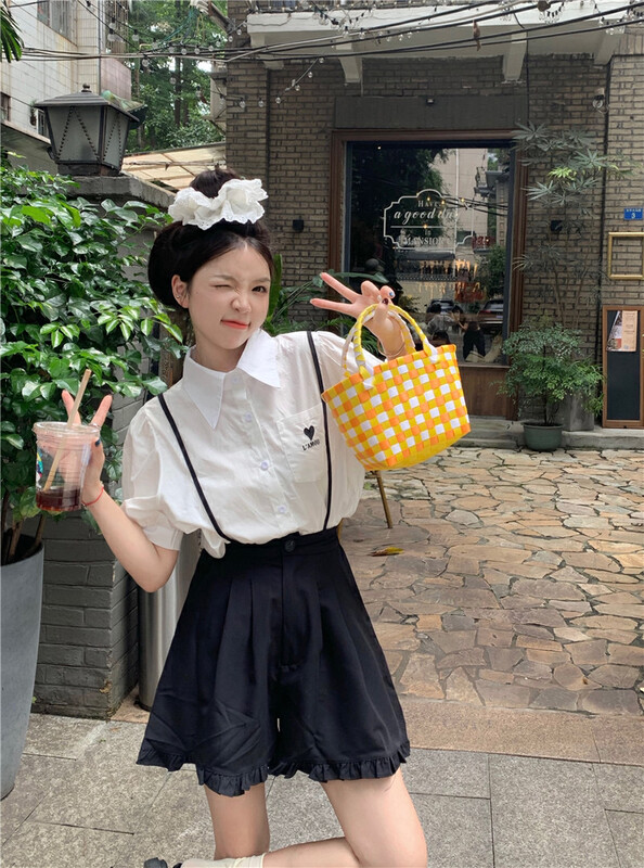 [dolly] sweet embroidery love versatile shirt + ear strap Shorts Set 6643# PCZ