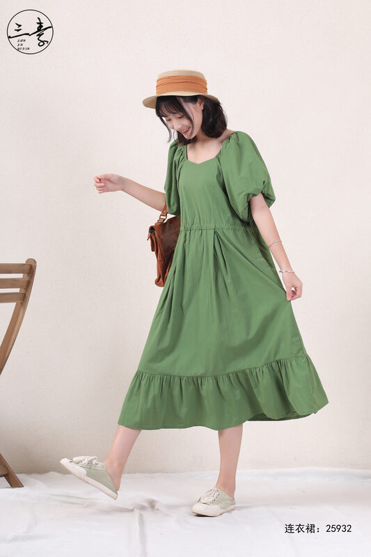 [original three element clothes] artistic style square neck light bulb sleeve dress 25932