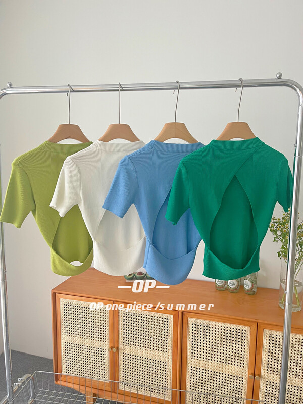 [OP one piece] Korean open back short sleeved sweater 70005# hjy