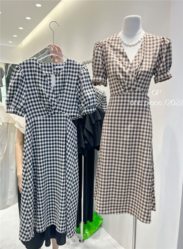 [OP one piece] temperament Plaid waist dress 3231# hjy