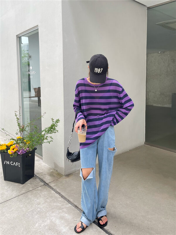 [KH] contrast stripes versatile loose hollow out sweater my097\zxx