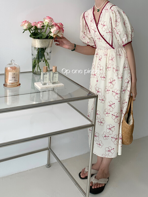 [OP one piece] Korean printed V-neck dress 60097# hjy