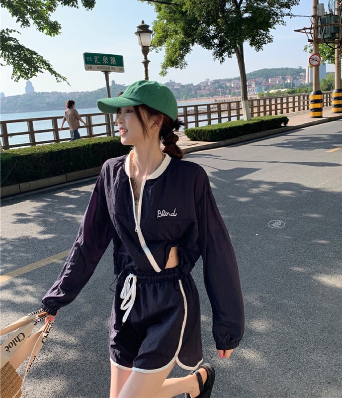 [dolly] contrast color fashion sunscreen shirt + elastic waist loose casual suit 5296# PCZ