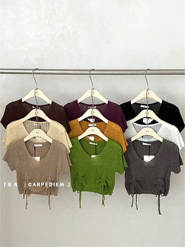 [R n] V-neck loose and versatile drawstring slim knit 8152835; ll