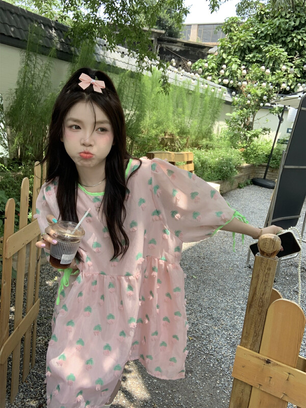 [dolly] Korean sweet cute three-dimensional flower bubble sleeve dress 6782# PCZ
