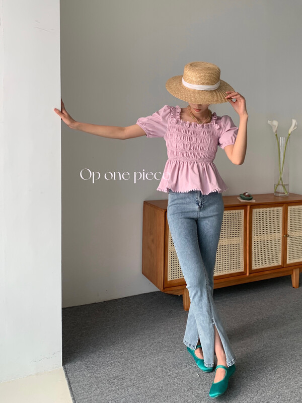 [OP one piece] versatile Ruffle edge bubble sleeve short sleeve T-shirt op60106# hjy
