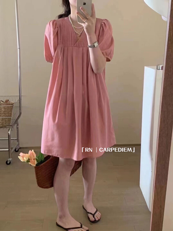 [RN] Korean V-neck heavy industry pleated design, loose and versatile dress 81190\ll