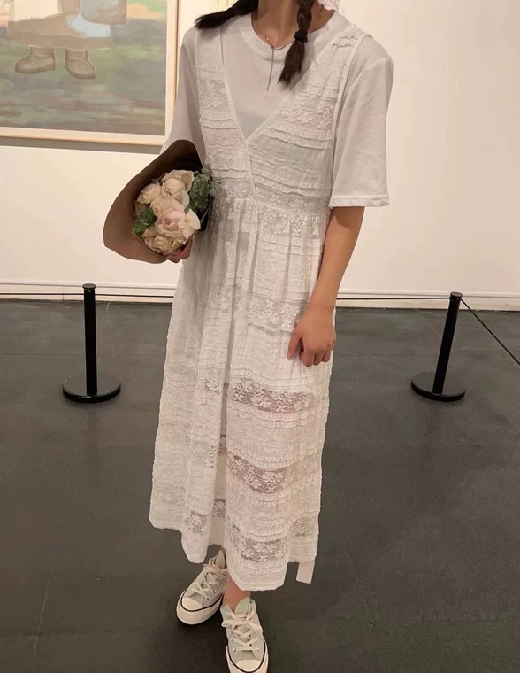 [KH] casual simple short sleeve + Lace versatile sleeveless dress set ops282# zxx